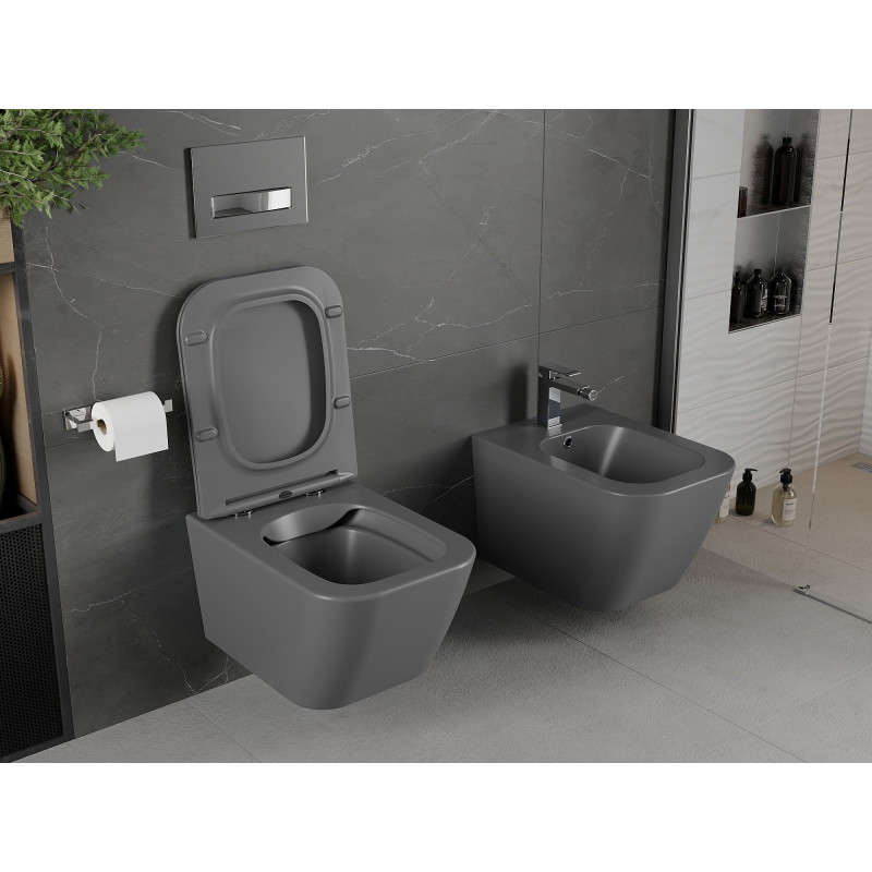 Mexen Madox Rimless WC csésze lecsapódásmentes vékony deszkával, duroplaszt, sötétszürke matt - 30154061