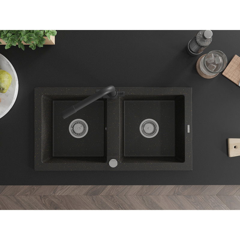 Mexen Mario chiuvetă de granit cu 2 compartimente și baterie de bucătărie Duero, negru/auriu metalizat - 6504-75-671600-70