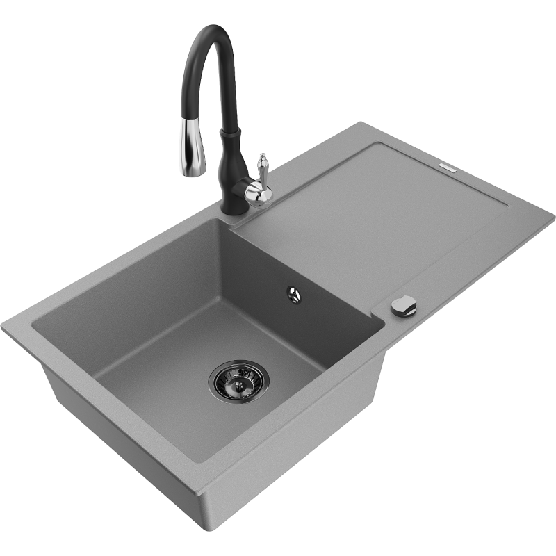 Chiuvetă de granit Mexen Leo cu 1 compartiment cu scurgător și robinet de bucătărie Savita, gri - 6501-71-672601-70-B