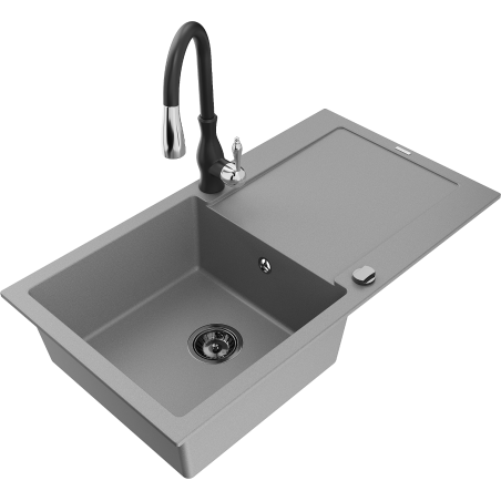 Chiuvetă de granit Mexen Leo cu 1 compartiment cu scurgător și robinet de bucătărie Savita, gri - 6501-71-672601-70-B