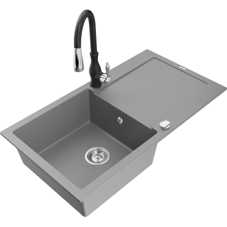 Mexen Leo chiuvetă de granit cu 1 compartiment cu suport de scurgere și baterie de bucătărie Savita, gri - 6501-71-672601-70