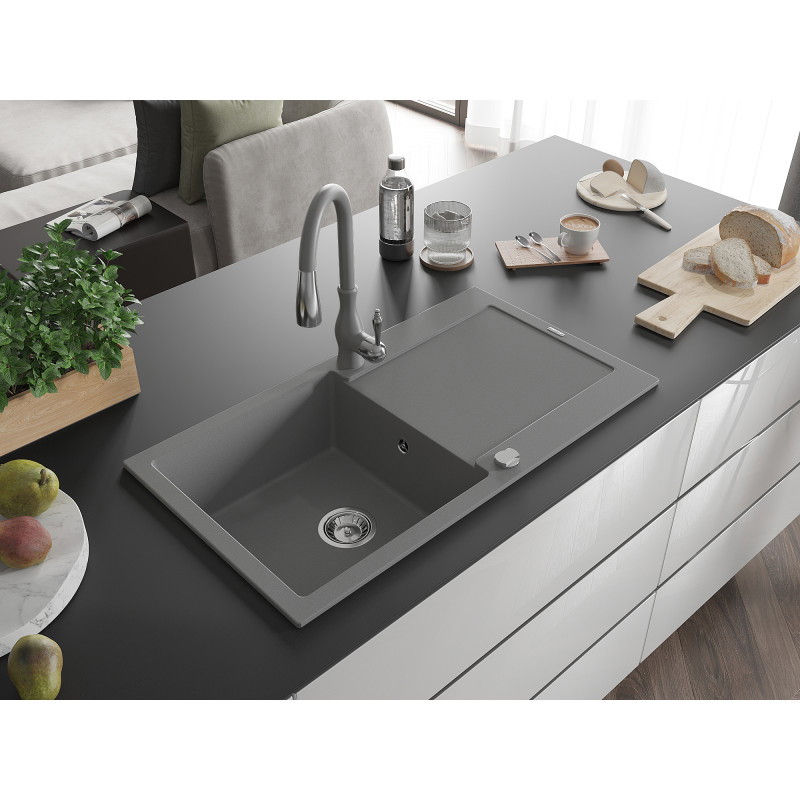Mexen Leo chiuvetă de granit cu 1 compartiment cu scurgător și baterie de bucătărie Savita, gri - 6501-71-672601-71