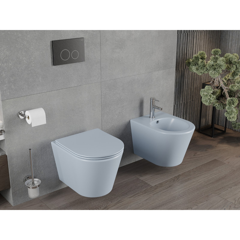Mexen Rico Rimless WC csésze csúszásgátló slim duroplast üléssel, szürke-kék matt - 30724069