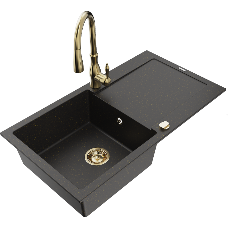 Mexen Leo chiuvetă de granit cu 1 cuvă, cu picurător și baterie de bucătărie Savita, negru/auriu metalizat