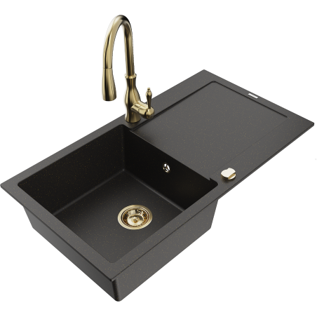 Mexen Leo chiuvetă de granit cu 1 cuvă, cu picurător și baterie de bucătărie Savita, negru/auriu metalizat