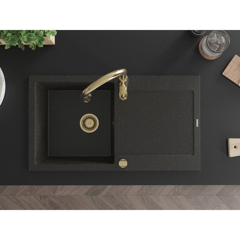 Mexen Leo chiuvetă de granit cu 1 cuvă, cu picurător și baterie de bucătărie Savita, negru/auriu metalizat