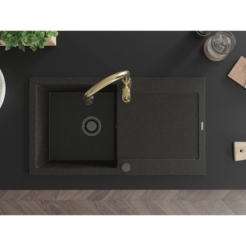 Mexen Leo chiuvetă de granit cu 1 cuvă și scurgător și baterie de bucătărie Savita, negru/auriu metalic - 6501-75-672601-50-B
