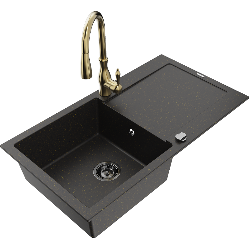 Mexen Leo Gránit 1-medencés mosogató csepegtetővel és Savita konyhai csapteleppel, fekete/arany metál