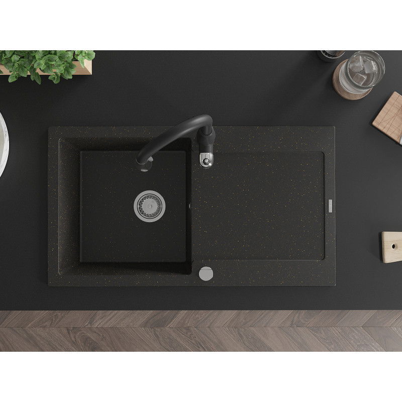 Mexen Leo 1-medencés gránit mosogató csepptálcával és Savita konyhai csapteleppel, fekete/arany metál - 6501-75-672601-70