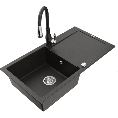 Mexen Leo chiuvetă granit cu 1 compartiment cu scurgător și baterie de bucătărie Savita, negru/auriu metalic