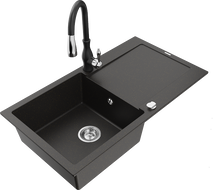 Mexen Leo chiuvetă granit cu 1 compartiment cu scurgător și baterie de bucătărie Savita, negru/auriu metalic