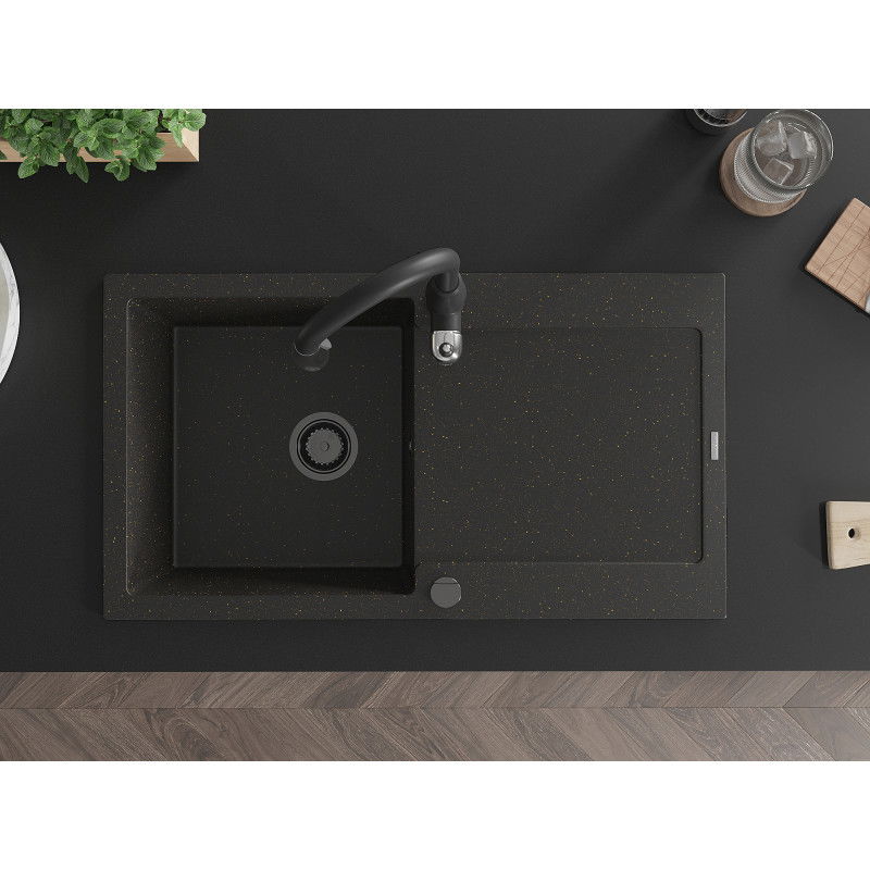 Mexen Leo chiuvetă de granit cu 1 compartiment cu scurgător și baterie de bucătărie Savita, negru/auriu metalizat