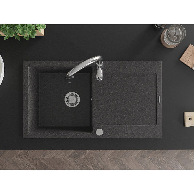Mexen Leo chiuvetă din granit cu 1 compartiment, scurgător și baterie de bucătărie Savita, negru cu pete - 6501-76-672601-00