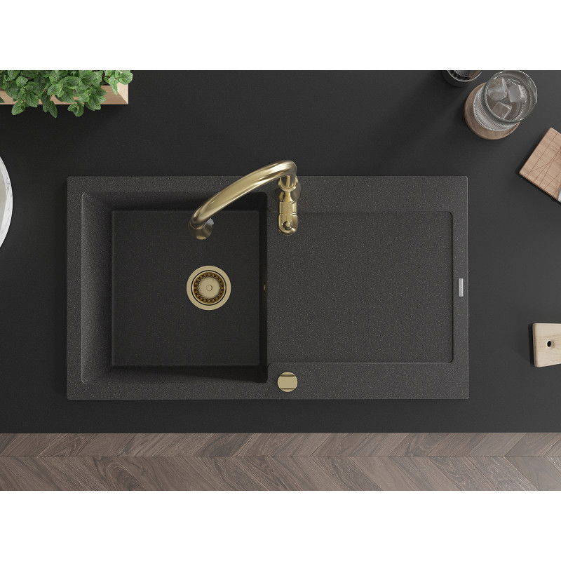 Mexen Leo gránit mosogató 1-medencés csepegtetővel és Savita konyhai csapteleppel, fekete pettyezett - 6501-76-672601-50