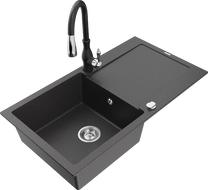 Mexen Leo chiuvetă de granit cu 1 compartiment, cu scurgător și baterie de bucătărie Savita, negru cu pete