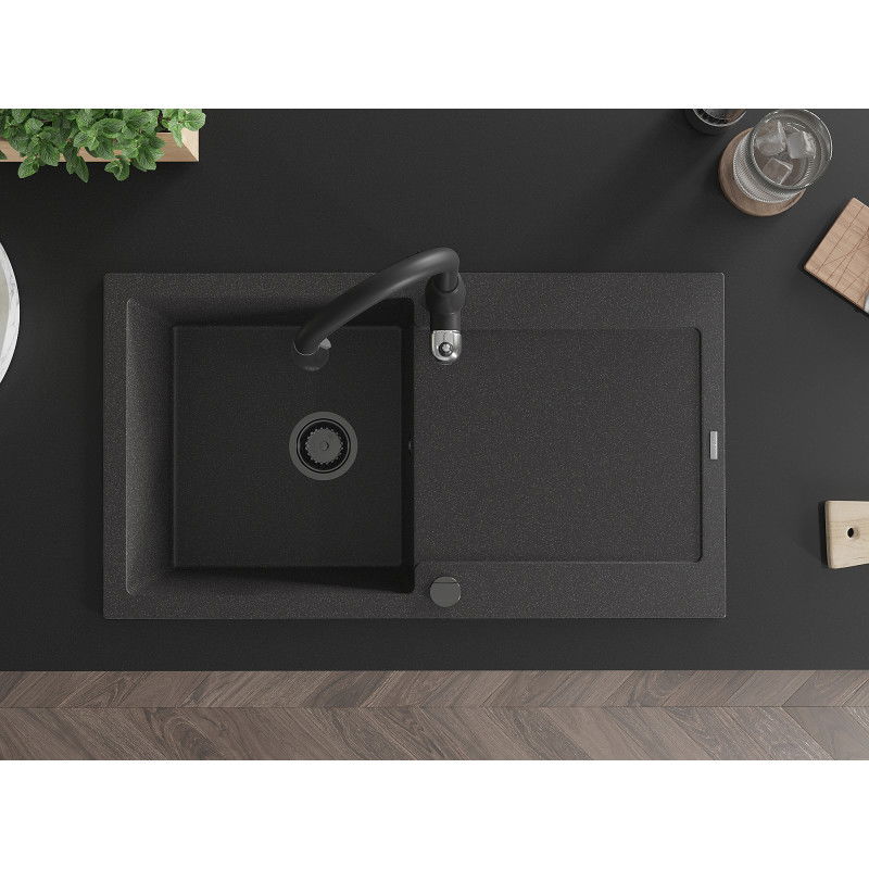 Mexen Leo chiuvetă de granit cu 1 compartiment cu picurător și baterie de bucătărie Savita, negru stropit - 6501-76-672601-70-B