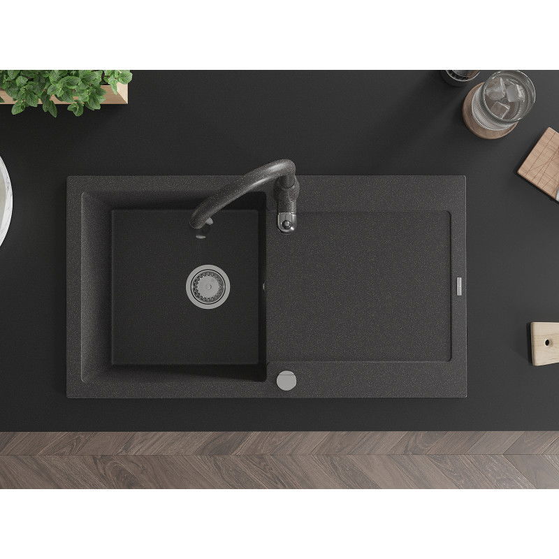 Mexen Leo chiuvetă de bucătărie din granit cu 1 cuvă, cu picurător și baterie de bucătărie Savita, negru cu pete