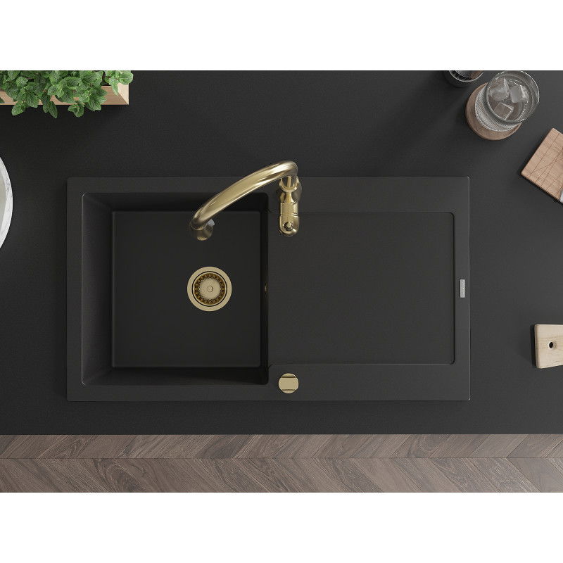 Mexen Leo chiuvetă de granit cu 1 compartiment, cu scurgător și baterie de bucătărie Savita, negru - 6501-77-672601-50