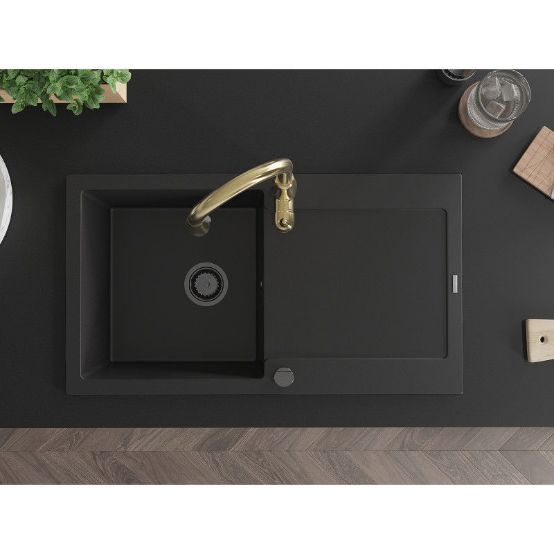 Mexen Leo egymedencés gránit mosogató csepegtetővel és Savita konyhai csapteleppel, fekete - 6501-77-672601-50-B