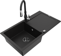 Mexen Leo chiuvetă de granit cu 1 compartiment cu scurgător și baterie de bucătărie Savita, negru - 6501-77-672601-70-B
