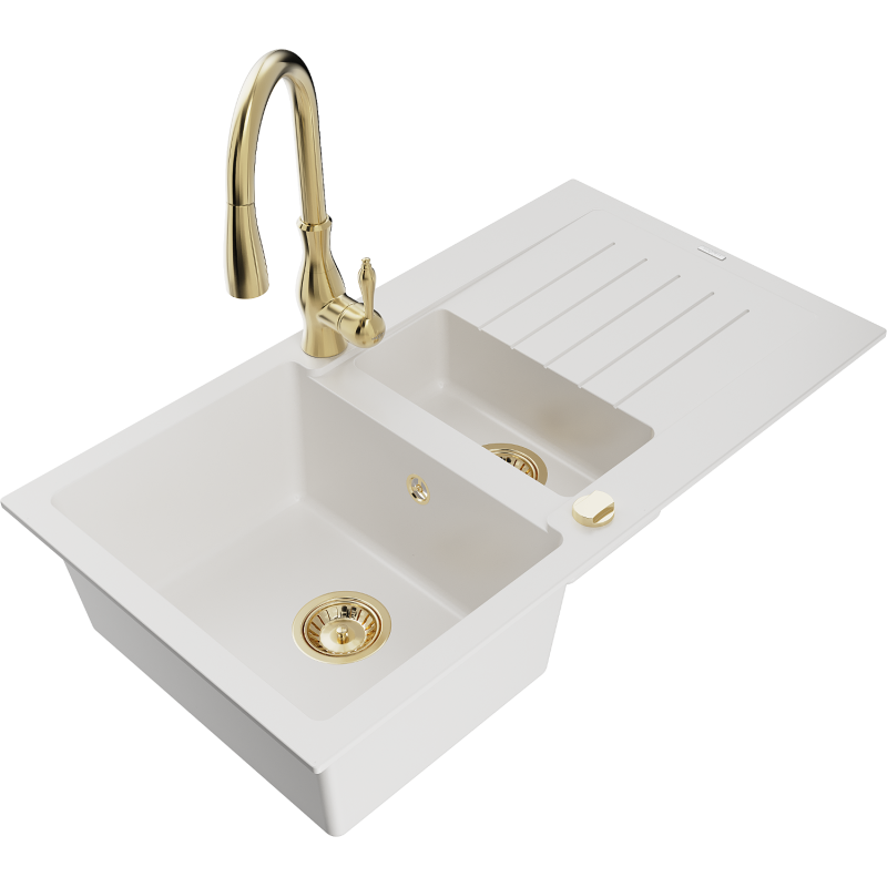 Mexen Matias chiuvetă din granit cu 1,5 compartimente, cu scurgător și baterie de bucătărie Savita, albă