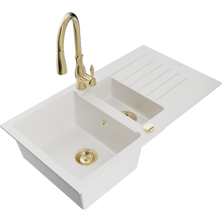 Mexen Matias chiuvetă din granit cu 1,5 compartimente, cu scurgător și baterie de bucătărie Savita, albă