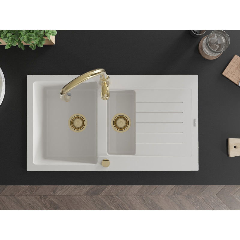 Mexen Matias 1,5-medencés gránit mosogató lefolyóval és Savita konyhai csapteleppel, fehér - 6502-20-672601-50