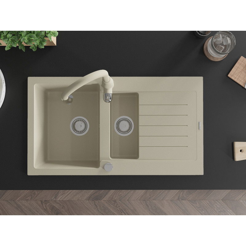 Mexen Matias gránit mosogató 1,5 rekeszes csepptálcával és Savita konyhai csapteleppel, bézs - 6502-69-672601-69