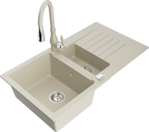 Mexen Matias gránit mosogató 1,5 rekeszes csepptálcával és Savita konyhai csapteleppel, bézs - 6502-69-672601-69