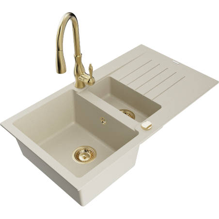 Mexen Matias 1,5-medencés gránit mosogató lefolyóval és Savita konyhai csapteleppel, bézs - 6502-69-672601-50