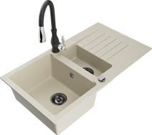 Mexen Matias chiuvetă de bucătărie granit 1,5 cuve cu scurgător și baterie Savita, bej - 6502-69-672601-70