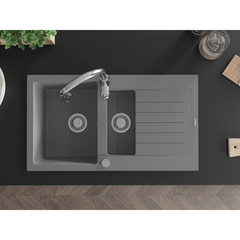 Mexen Matias chiuvetă de granit cu 1,5 compartimente și scurgător și baterie de bucătărie Savita, gri - 6502-71-672601-00