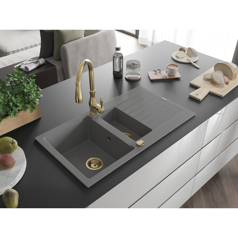 Mexen Matias chiuvetă de granit cu 1,5 cuve cu scurgător și baterie de bucătărie Savita, gri - 6502-71-672601-50