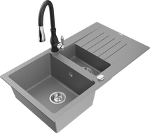 Mexen Matias 1,5 rekeszes gránit mosogató csepegtetővel és Savita konyhai csapteleppel, szürke - 6502-71-672601-70