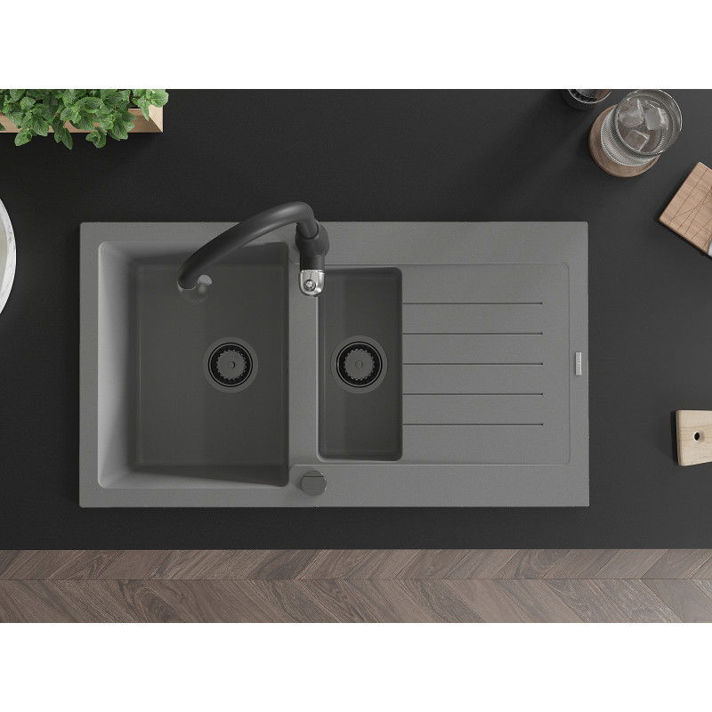 Mexen Matias chiuvetă de granit 1,5 compartimente cu scurgător și baterie de bucătărie Savita, gri - 6502-71-672601-70-B