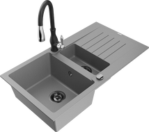 Mexen Matias 1,5 medencés gránit mosogató csepptálcával és Savita konyhai csapteleppel, szürke - 6502-71-672601-70-B
