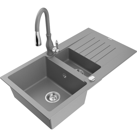 Mexen Matias gránit 1,5 rekeszes mosogató csepegtetővel és Savita konyhai csapteleppel, szürke - 6502-71-672601-71