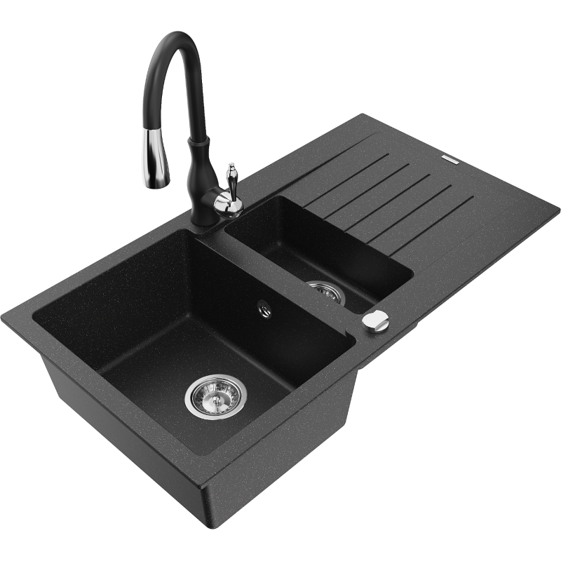 Chiuvetă de granit Mexen Matias 1,5 camere cu scurgător și baterie de bucătărie Savita, negru/argintiu - 6502-73-672601-70