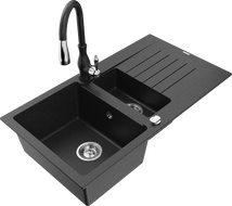 Chiuvetă de granit Mexen Matias 1,5 camere cu scurgător și baterie de bucătărie Savita, negru/argintiu - 6502-73-672601-70