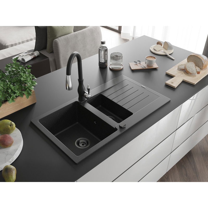 Mexen Matias 1,5 rekeszes, csepegtetős, gránit mosogató Savita konyhai csappal, fekete/ezüst - 6502-73-672601-70-B