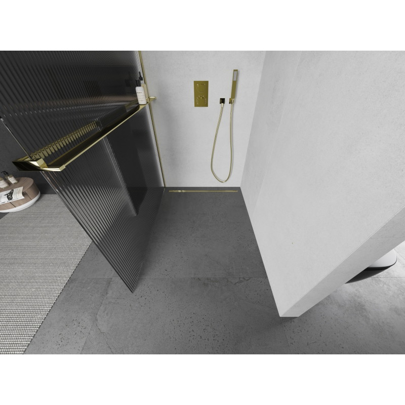Mexen Kioto+ fülkés zuhanyfal polccal Walk-in 80 x 200 cm, prizmás, arany - 800-080-121-50-09