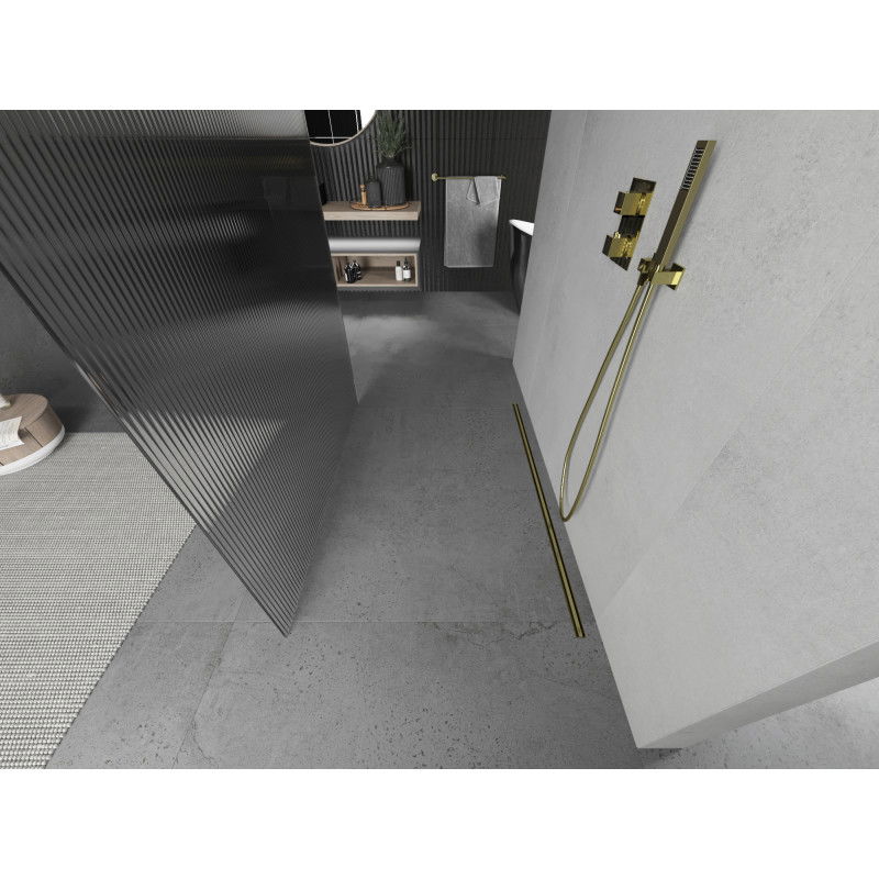 Mexen Kioto perete de duș de sine stătător 120 x 200 cm, dungi 8 mm, auriu - 800-120-002-50-09