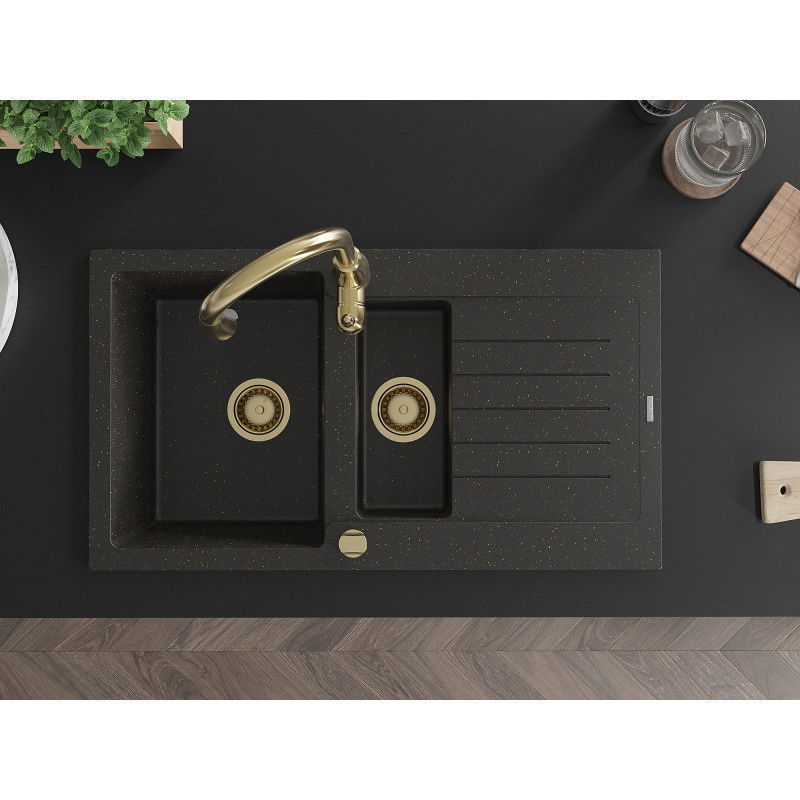 Mexen Matias gránit mosogató 1,5 medencés csepegtetővel és Savita konyhai csapteleppel, fekete/arany - 6502-75-672601-50