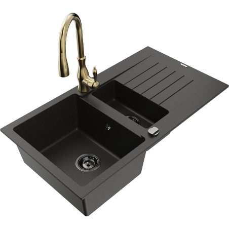 Mexen Matias chiuvetă de bucătărie din granit, cu 1,5 compartimente și scurgător, cu robinet de bucătărie Savita,