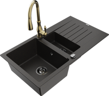 Mexen Matias chiuvetă de bucătărie din granit, cu 1,5 compartimente și scurgător, cu robinet de bucătărie Savita,