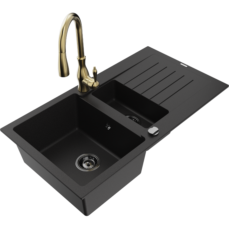 Mexen Matias chiuvetă de granit cu 1,5 compartimente cu scurgător și baterie de bucătărie Savita, neagră
