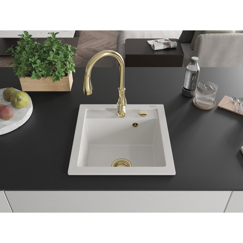 Mexen Vito 1-medencés gránit mosogató Savita konyhai csapteleppel, fehér - 6503-20-672601-50