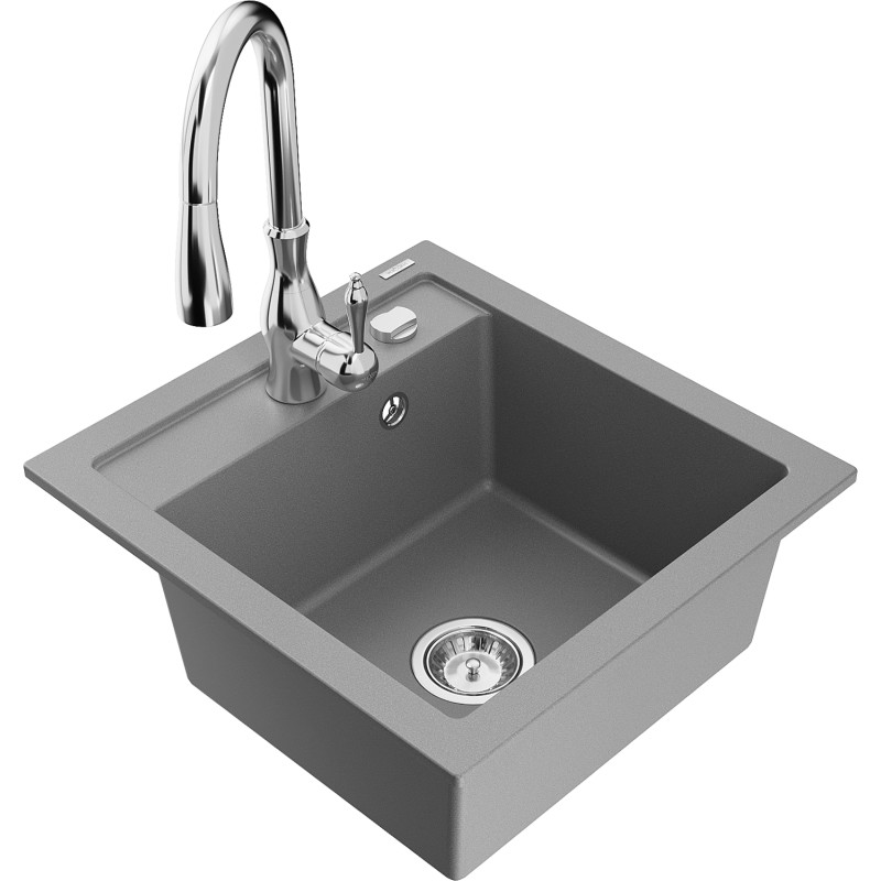 Mexen Vito chiuvetă de bucătărie din granit cu 1 cuvă și baterie Savita, gri - 6503-71-672601-00