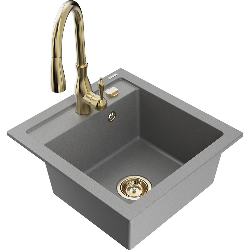 Mexen Vito chiuvetă de granit cu 1 compartiment cu baterie de bucătărie Savita, gri - 6503-71-672601-50