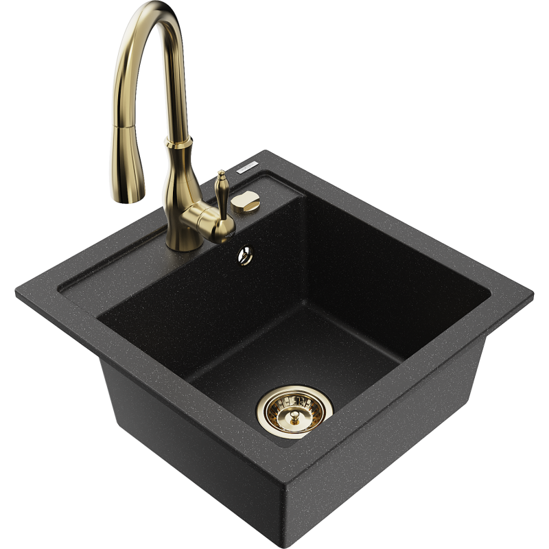 Mexen Vito chiuvetă de granit cu o singură cuvă cu baterie de bucătărie Savita, negru/metalic argintiu - 6503-73-672601-50